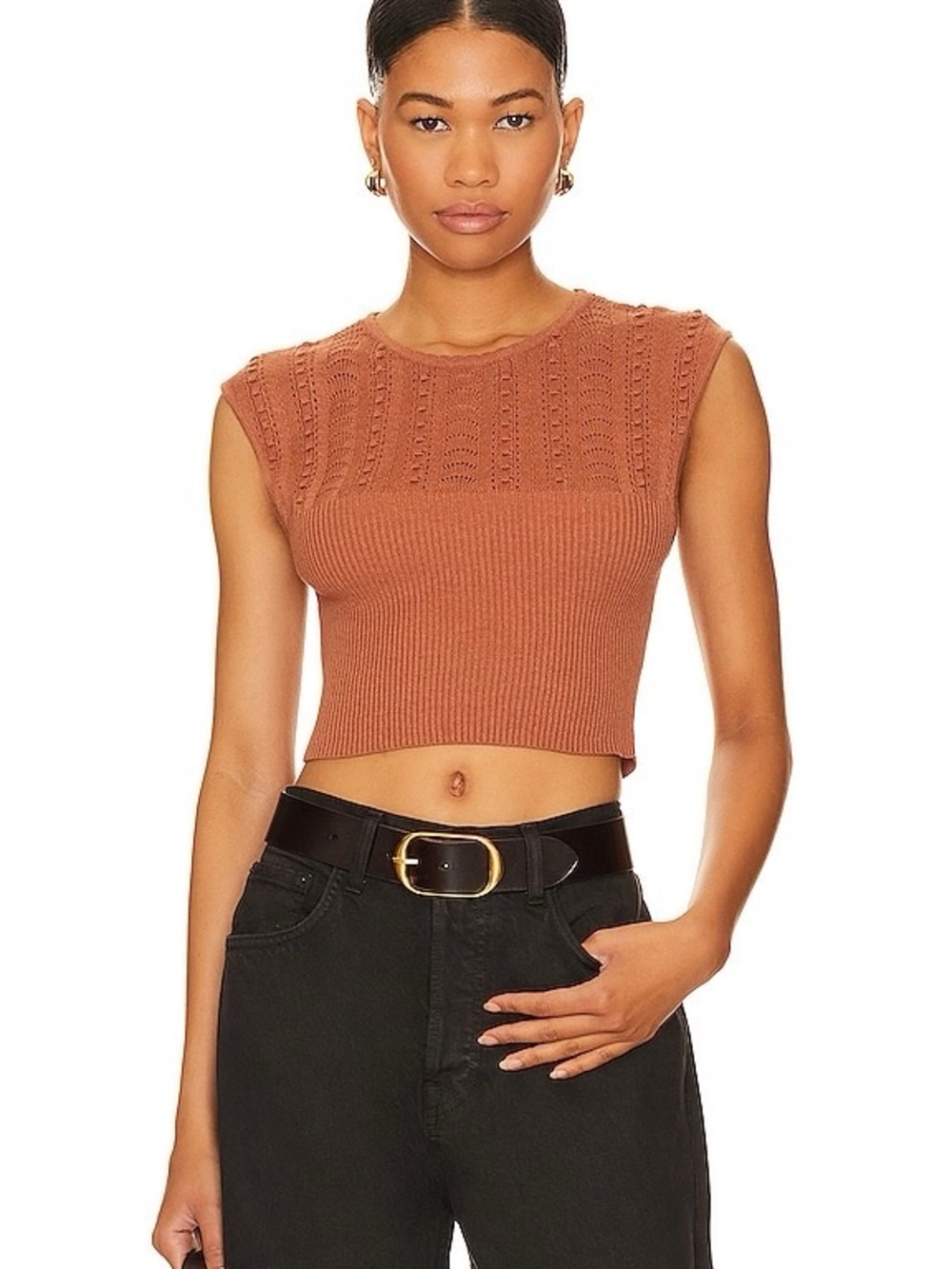 Intimately Free People Rust Pointelle Knit Cap Sleeve Top M